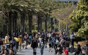 Students walk through campus between classes at Santa Monica College in Santa Monica