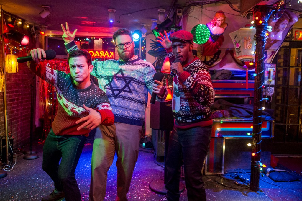 L-r, Joseph Gordon-Levitt, Seth Rogen and Anthony Mackie star Columbia Pictures' "The Night Before."