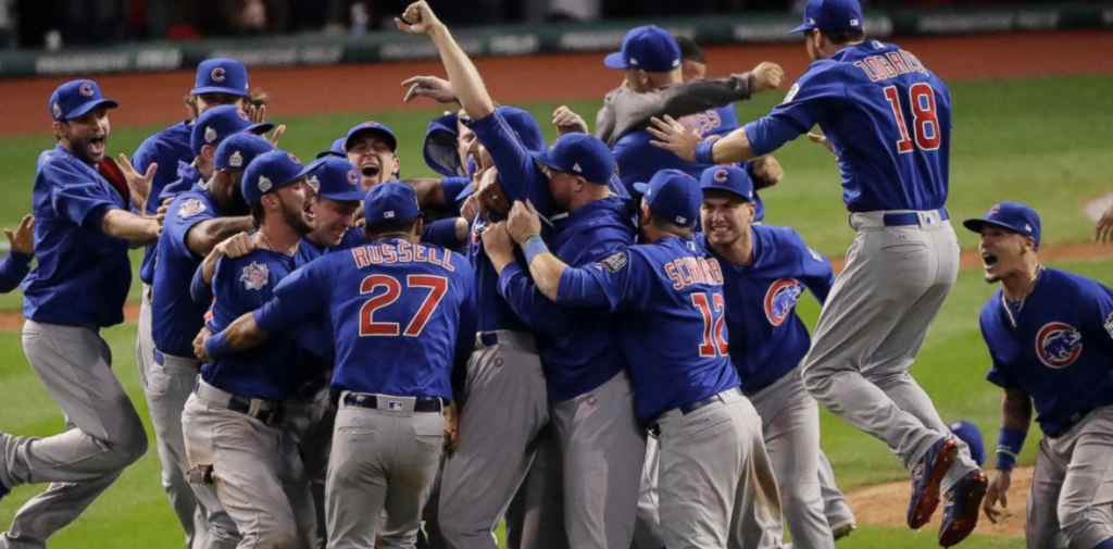 Chicago Cubs celebrate after Game 7 of the Major League Baseball World Series against